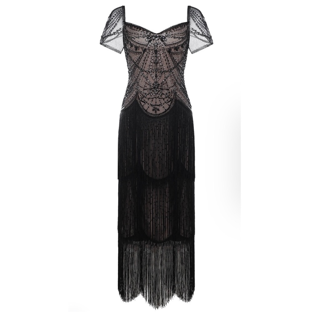 NEW Babeyond Black & Nude Linear Deco Fringe Flapper Dress - Size 4